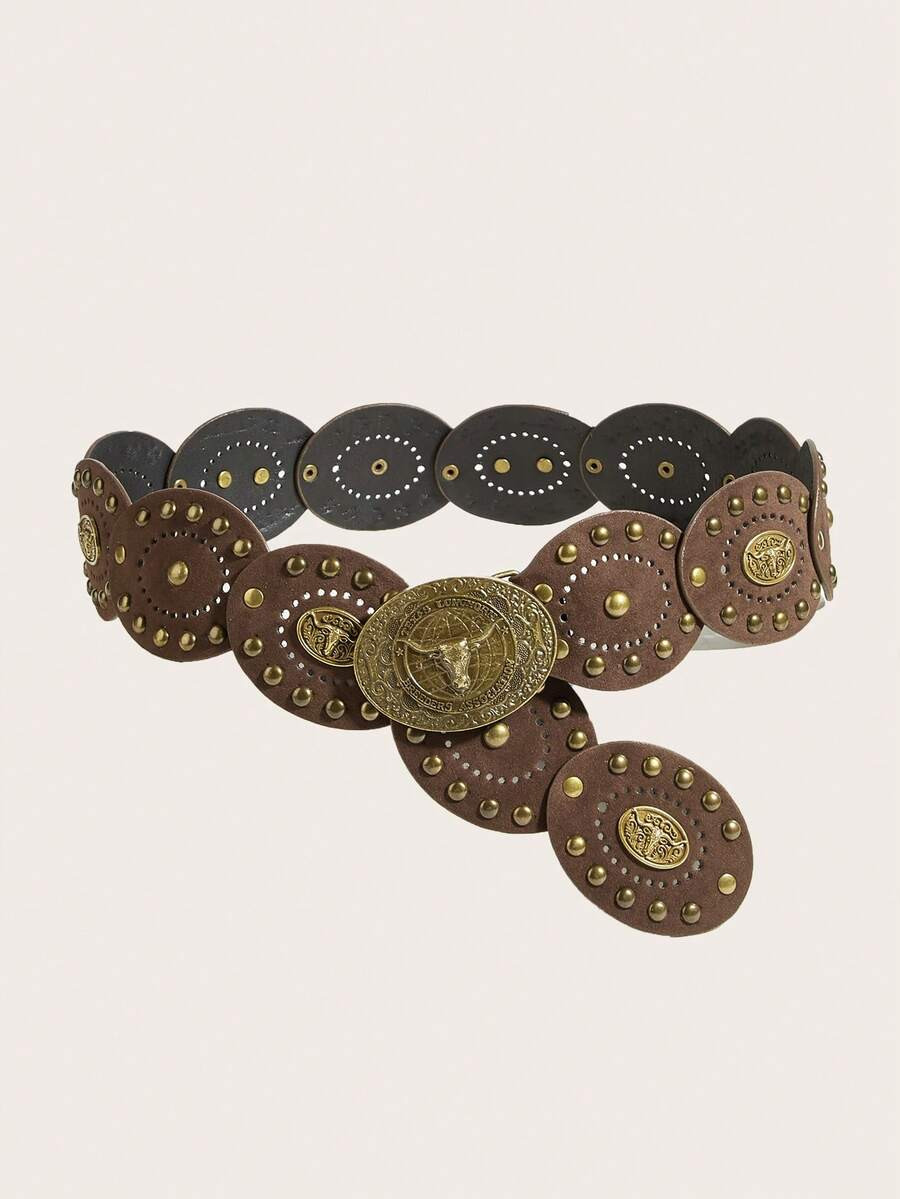 1pc Western Cowgirl Boho Style Faux Leather Patchwork Belt, Paired With Antique Bronze Metal Buck... | SHEIN