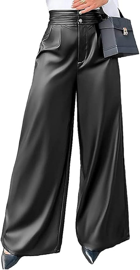 Nihsatin Women's Black Faux Leather Wide Leg Pants High Waist Button Front PU Leather Pants | Amazon (US)