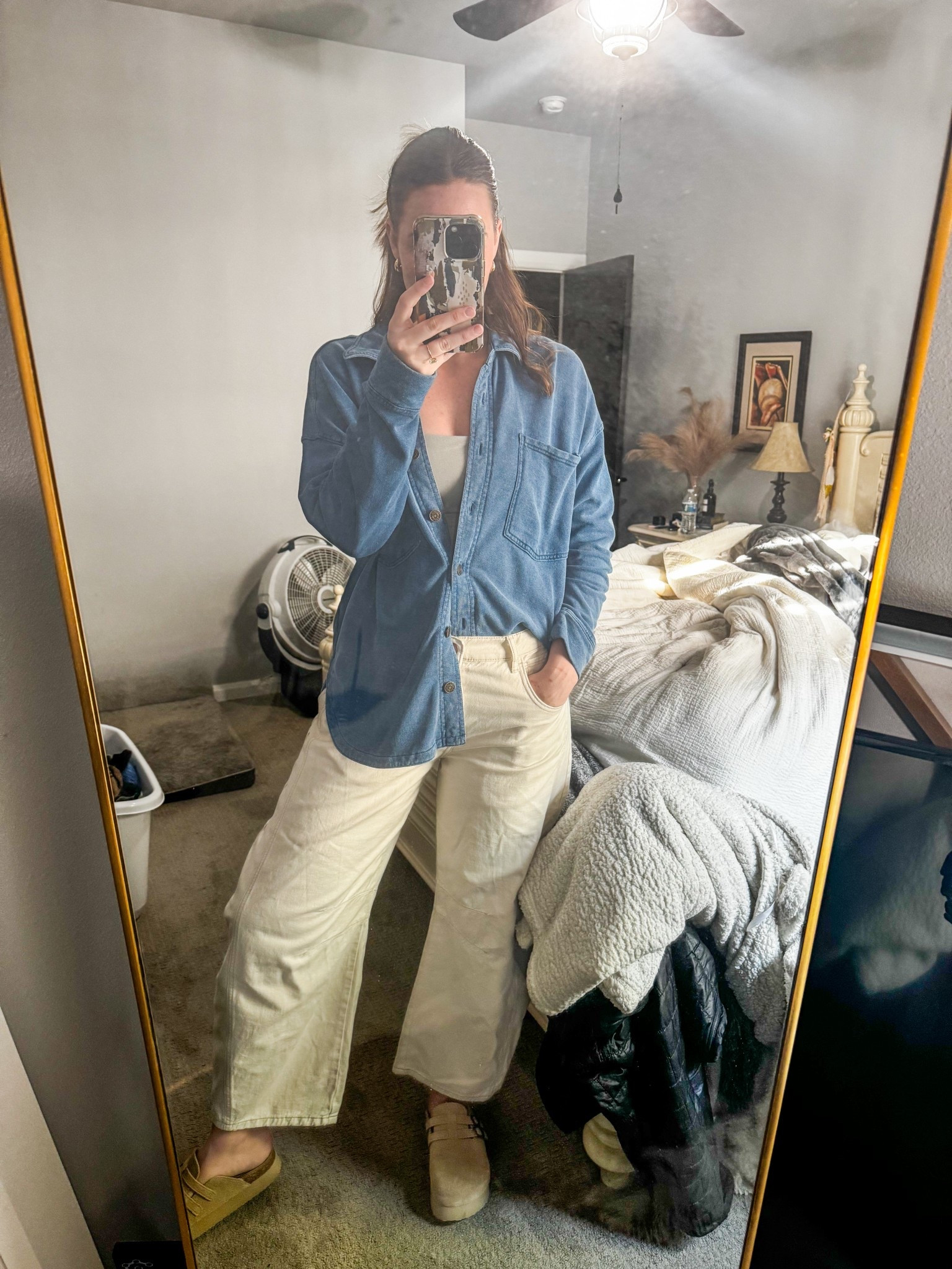 Shopping or painting??? Either way it’s cute 😂🫶🏼 

This whole outfit is from Stitch Fix!!! (Minus the shoes) I’m actually obsessed over these Barrel Jeans from Free People! I am linking the Stitch Fix product and the original link if I could find it! I am a size 6 in most jeans (28), these jeans are about half a size too big but they still work! 