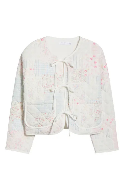 All in Favor Tie Front Quilted Jacket in Blush Blue Patchwork at Nordstrom, Size Medium | Nordstrom