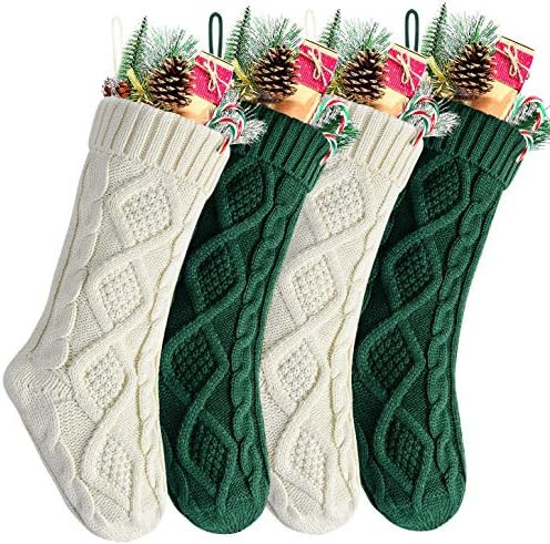 Kunyida 18" Green and Ivory Knit Christmas Stockings for Fireplace Holiday Decor,4 Pack | Amazon (US)