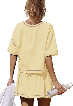 Womens 2 Piece Workout Sets Summer Athletic Outfits Short Sleeve Crop Tops and Skirt with Shorts ... | Amazon (US)