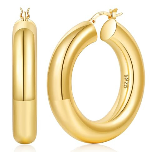 YOUNGYUE 8mm 14K Gold Plated Hoop Earrings Hypoallergenic Chunky Hoop Earrings Lightweight Thick Hoops Large Gold Hoops for Women 30/40/50mm | Amazon (US)