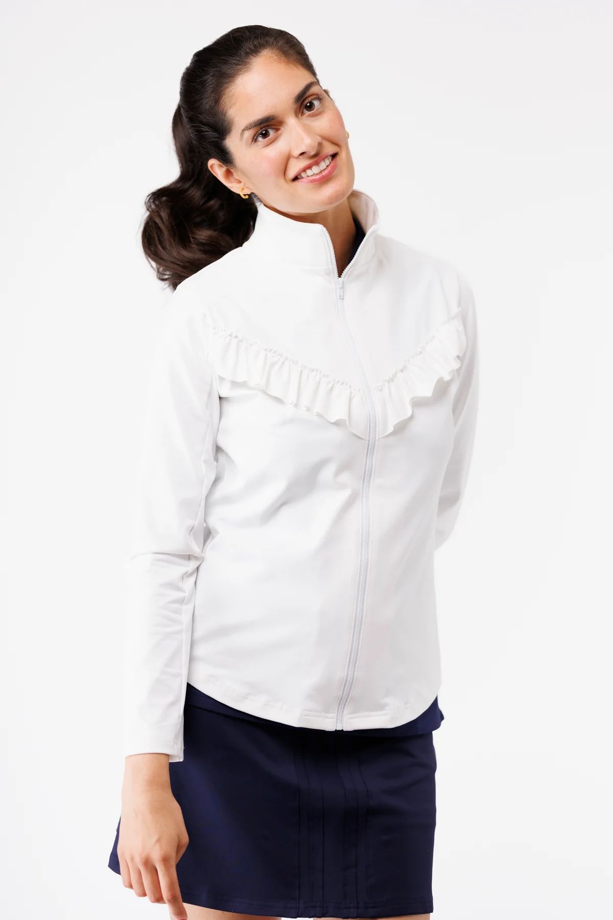 The Frankie Full Zip with Ruffle Detail - White | Smith and Quinn