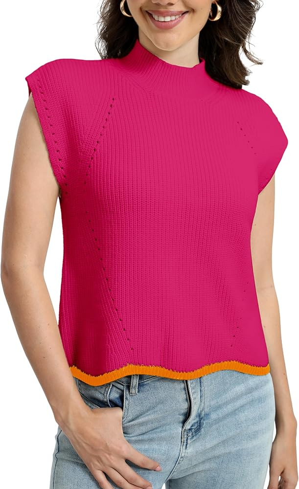 T1FE 1SFE Women Sleeveless Sweater Knit Mock Neck Cap Sleeve Striped Sweater Vest for Women Casua... | Amazon (US)