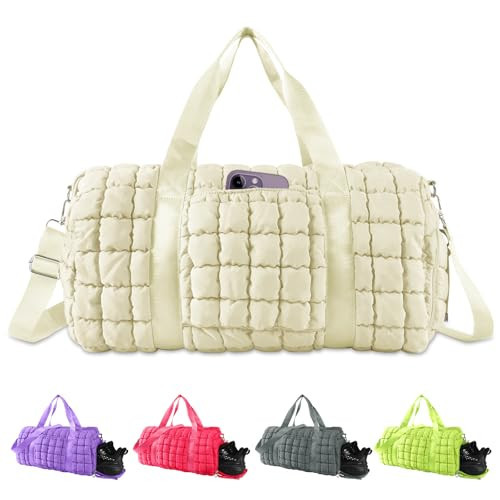 Quilted Travel Duffle Bag Gym Bag for Women,Large Puffer Duffle Weekender Bag with Compartment,Workout Overnight Carry on Organizer Bag Duffle Bag for Airplane Travel(Off-white) | Amazon (US)