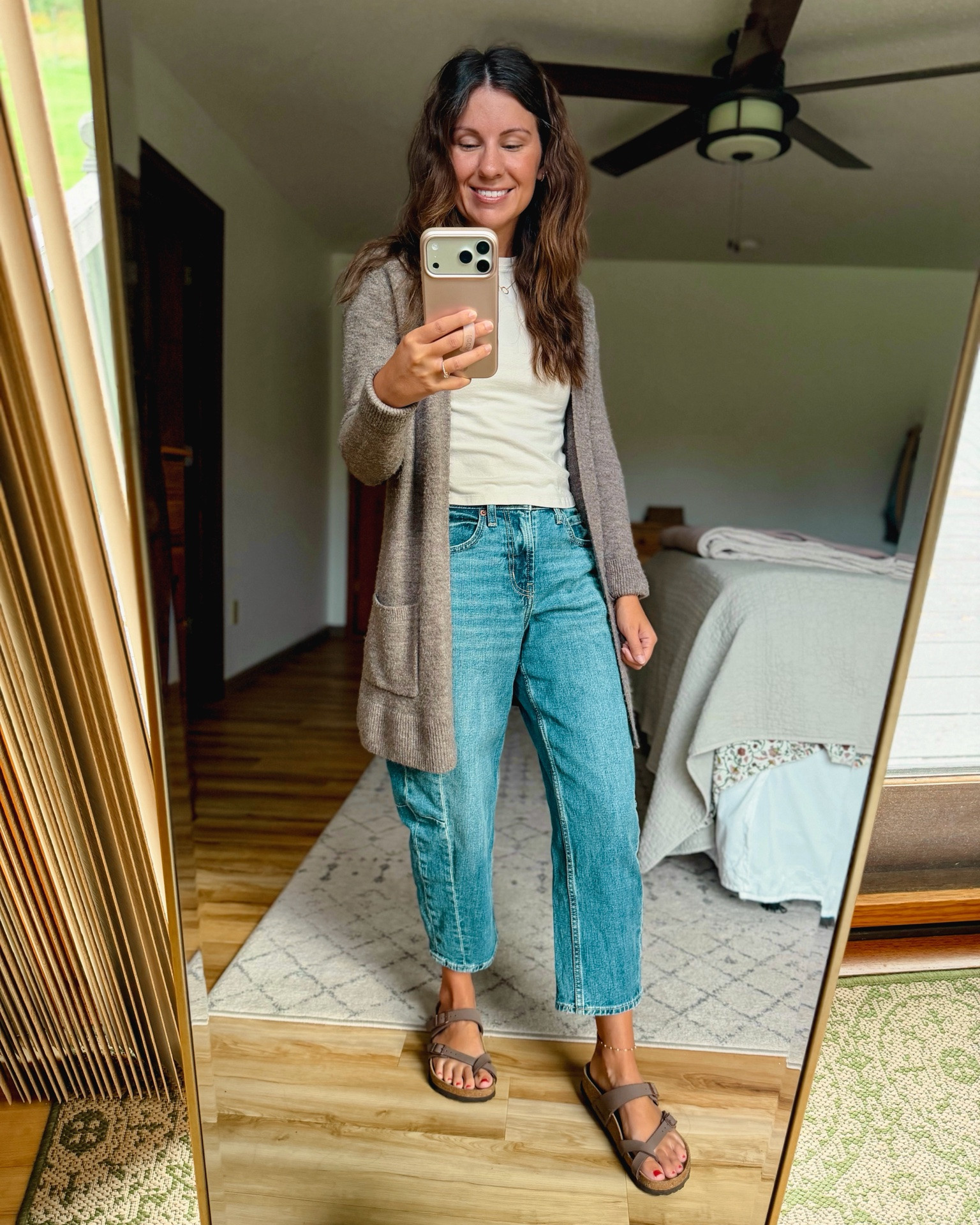 Wearing small in my tee, 0 petite in my barrel jeans and 36 in my birkenstock sandals. My cardigan is super old but linked similar!

#LTKPetite #LTKSeasonal #LTKgrwm