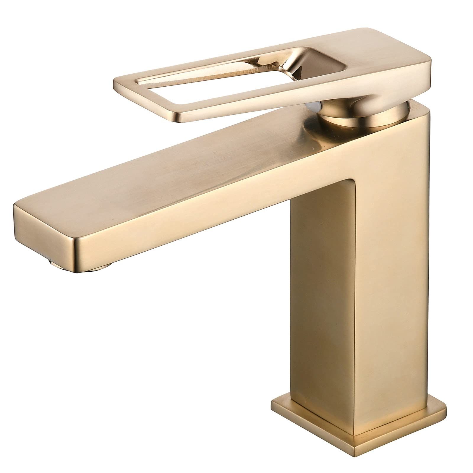 SHUNLI Brushed Gold Bathroom Faucet, Single Hole Modern Bathroom Sink Faucet, Brass Lavatory Mixer T | Amazon (US)