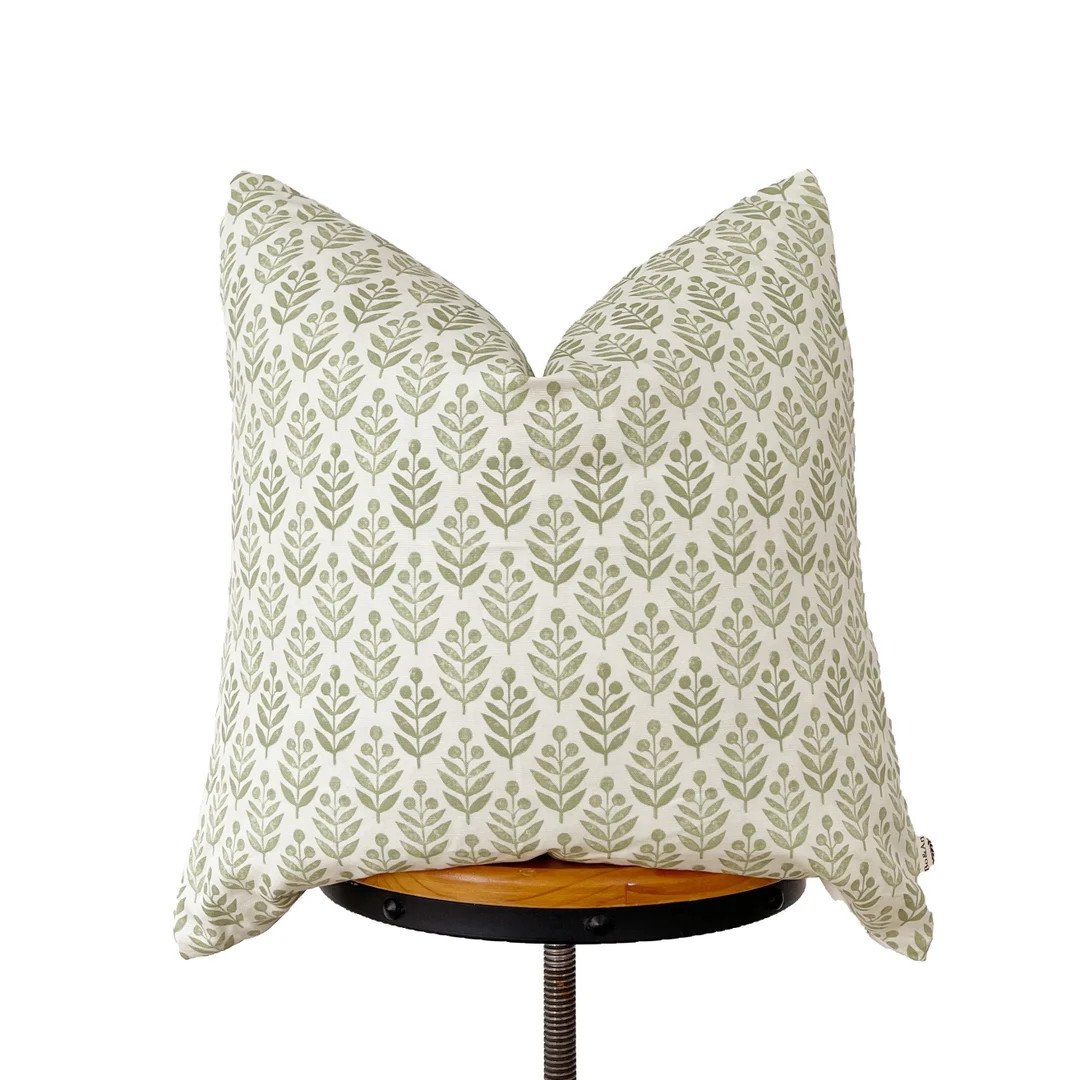 Designer fabric pillow, green and cream floral pillow cover | Etsy (US)