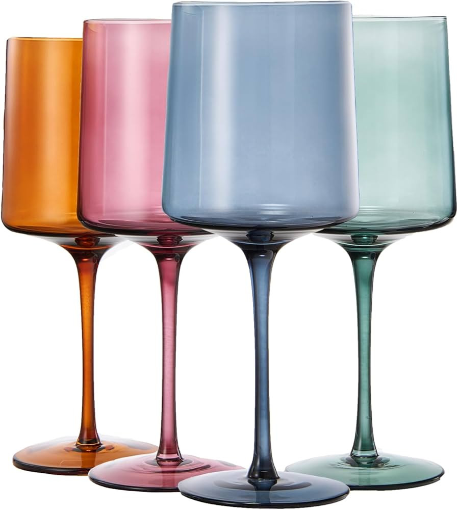 Muted Colored Square Crystal Wine Glasses Set of 4, Gift For Her, Him, Wife, Friend - Large 13.5 ... | Amazon (US)