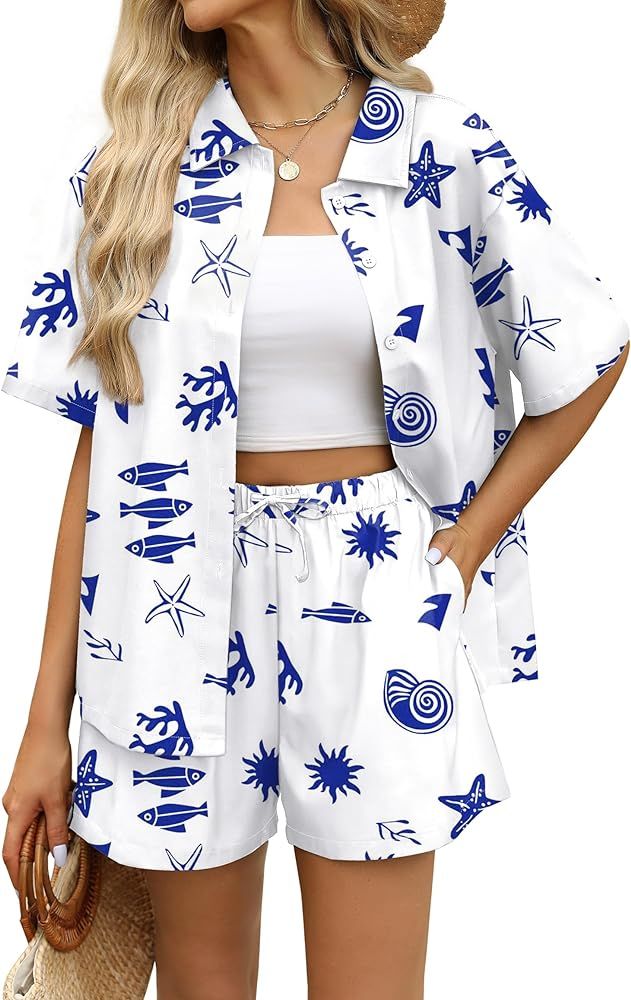 WIHOLL Women's Summer 2 Piece Outfits Short Sleeve Printed Lounge Sets Beach Vacation | Amazon (US)