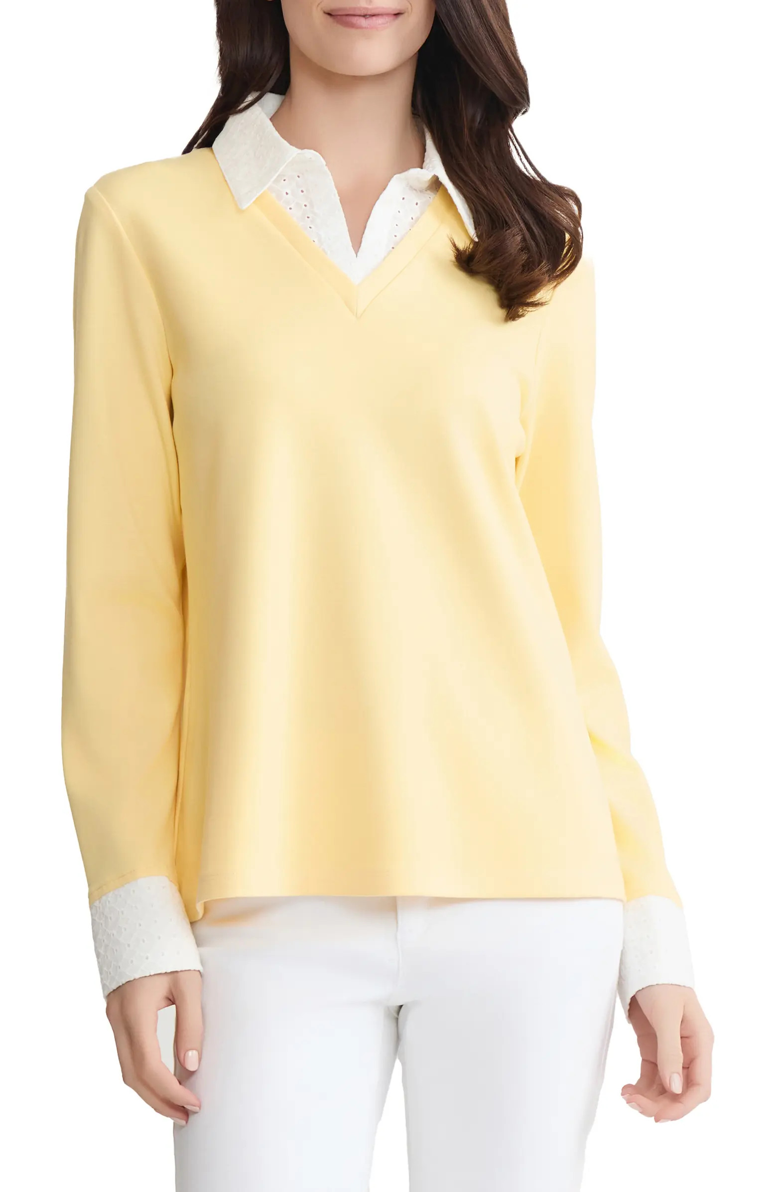 Embroidered Eyelet Trim Long Sleeve Twofer Top | Nordstrom