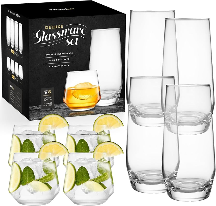 Short & Tall Drinking Glasses Set of 8 - 4 Tall Water Glasses and 4 Short Small Glass Cups Set - ... | Amazon (US)