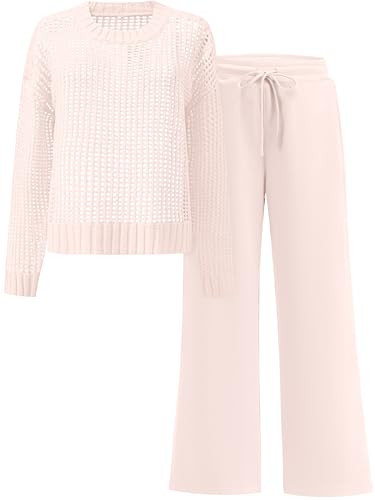 ANRABESS Womens 2 Piece Outfits Crochet Sheer Knit Sweater Top Wide Leg Pants Lounge Set Sweatsuit 2026 Spring Travel Clothes Beige Pink Small | Amazon (US)
