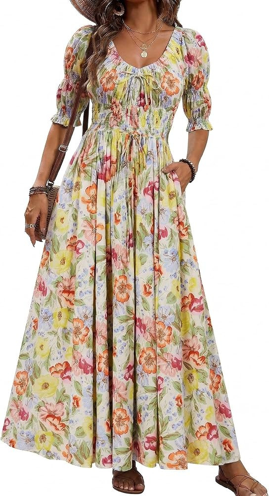 Women's Boho Floral Puff Sleeve Maxi Dress with Pockets | Amazon (US)