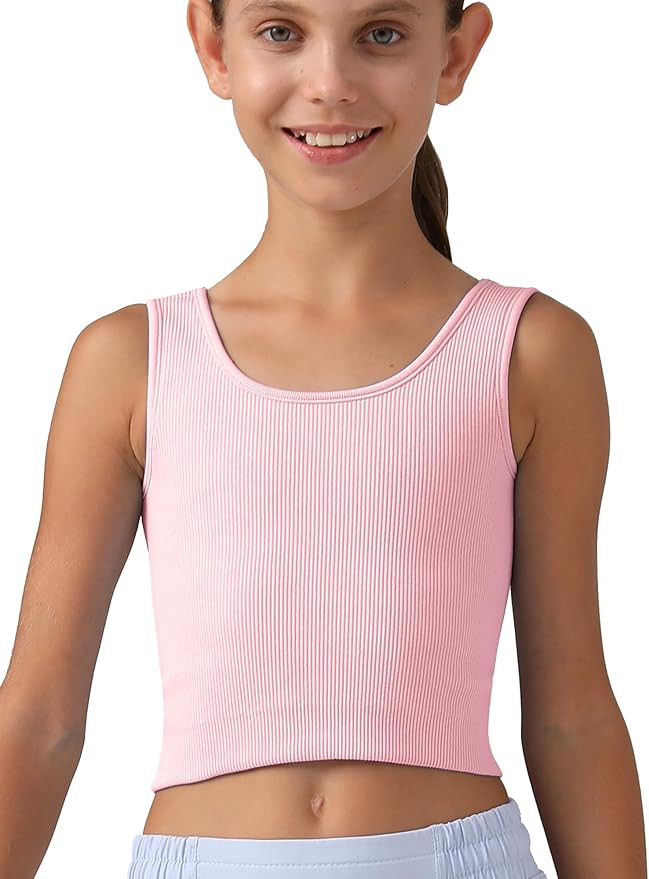 Girls Tank Tops Double Lined Ribbed Knit Crop Tops 2 Pack Basic Sleeveless Athletic Round Neck Da... | Amazon (US)