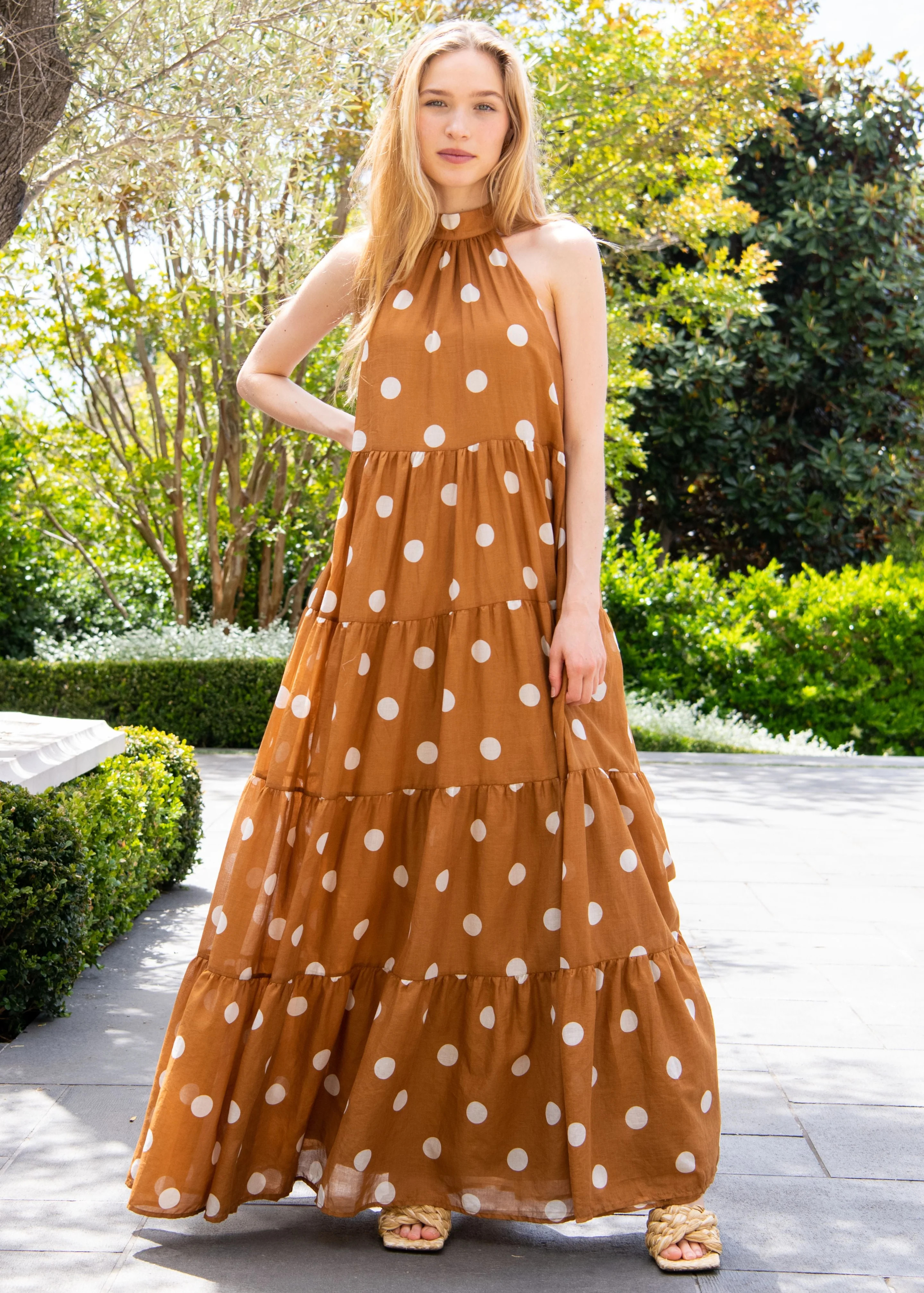 Rima Taupe Polka Dot Tiered Maxi Dress | Benaar La