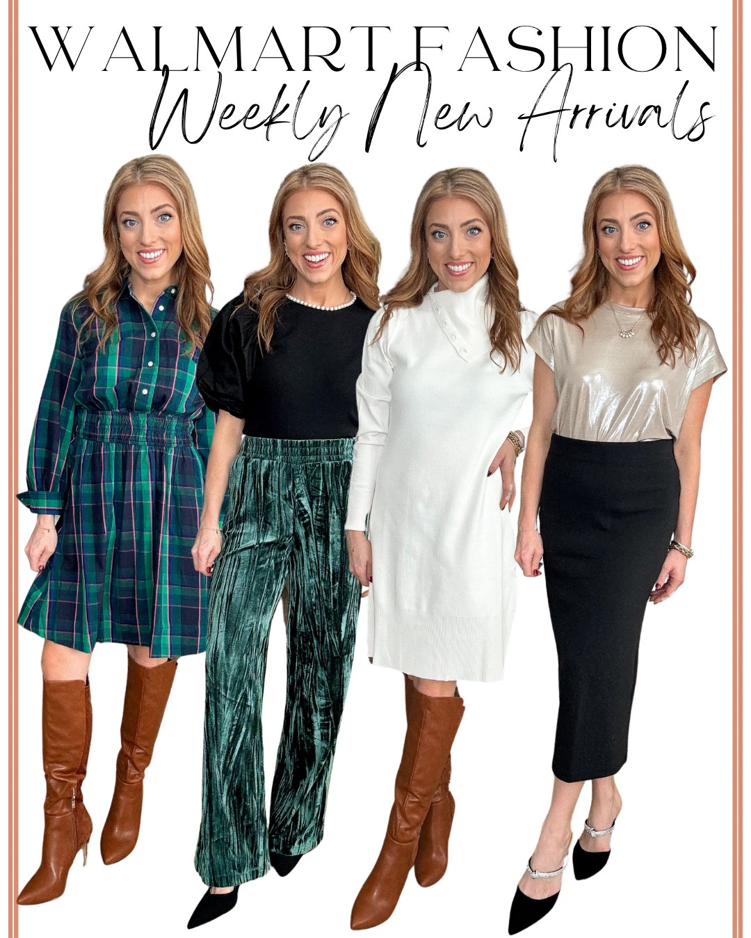 Walmart fashion weekly new arrivals today 😍 with an AMAZING lineup to share 🙂 some beautiful holiday inspired looks (both dressy and casual) with sequins, velvet, embellishment and more. Also a sweater that would be a great under $20 gift idea! For sizing, I’m 5’2 normally a size xs/s 2/4

- sequin dress: TTS (wearing the xs)
- puff sleeve sweater: TTS (wearing the xs)
- red skirt: Go down a size (doesn’t have any stretch. Side zipper. Wearing the xs)
- pearl detail top: TTS (in the xs)
- embellished jeans: run large! Go down a size or two. In the 0
- super soft sweater: TTS (in the S)
- straight leg jeans: go down a size in the 2
- plaid dress: if in between sizes, go down one. Stretch in the waist. In the xs.
- velvet pants: go down a size: in the xs
- sweater dress: go down a size. In the xs
- metallic top: TTS. In the S.
- ribbed skirt: TTS: has a lot of stretch. In the xs. 

Walmart fashion. Walmart finds. LTK under 50. Holiday style. Red dress. Sequin dress. 