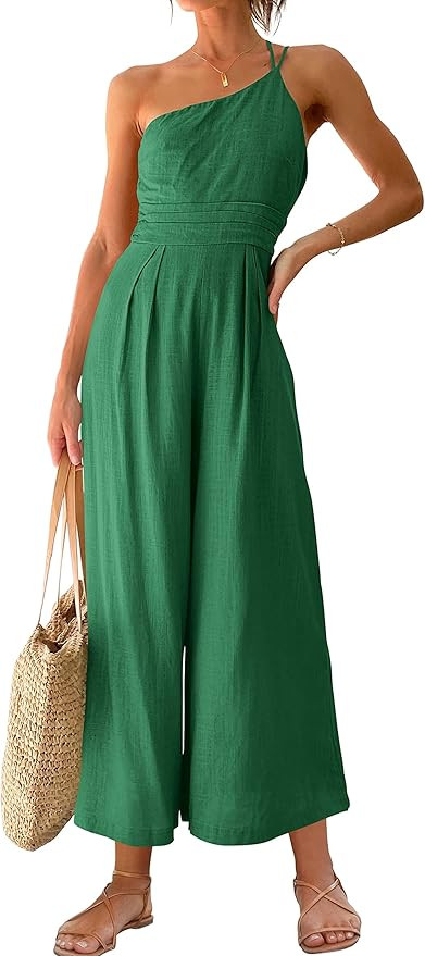Caracilia Women's Summer Wide Leg Dressy One Shoulder Straps Pleated High Waist Jumpsuit Romper w... | Amazon (US)