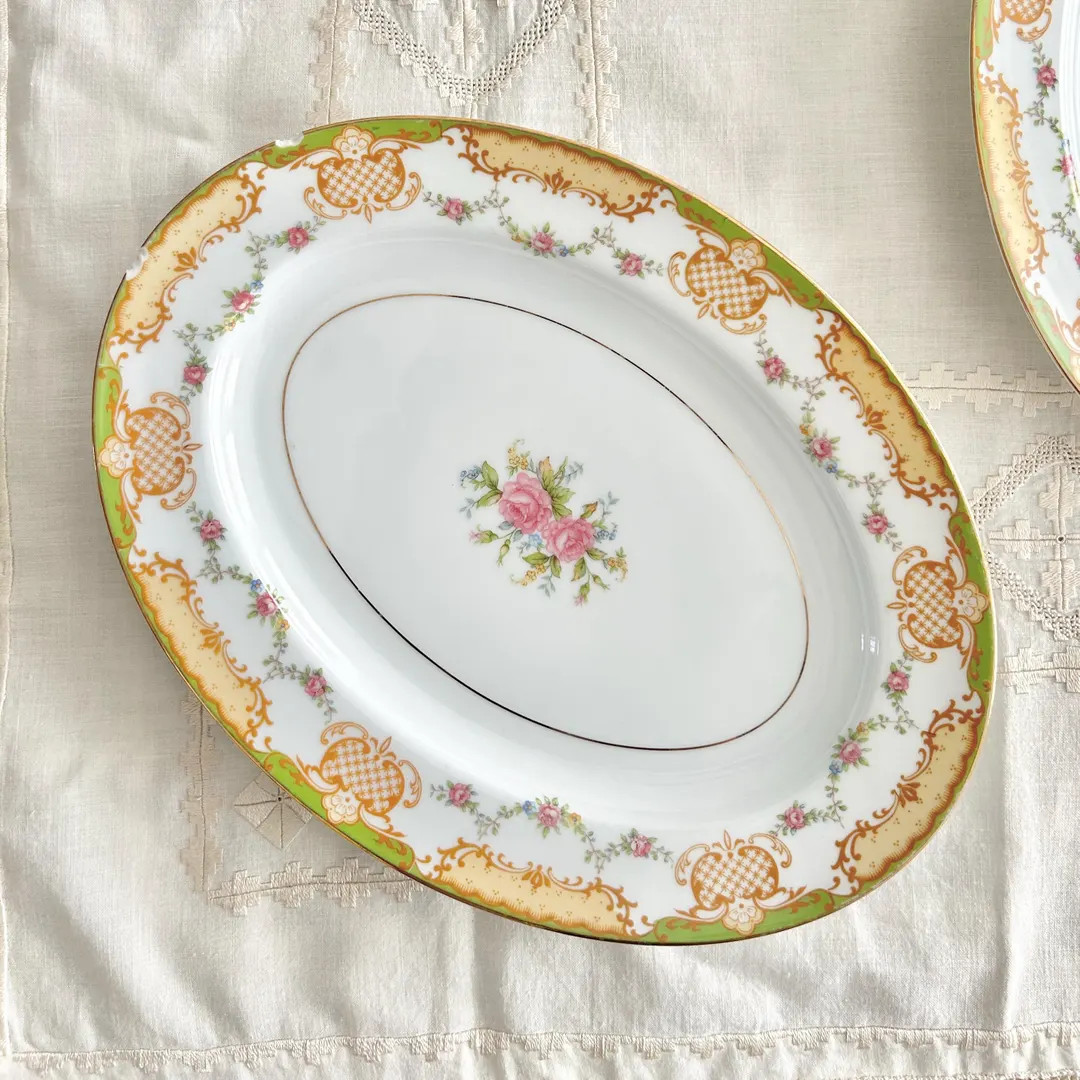 Vintage Noritake Londres Serving Platters | Oval Green & Gold Floral China Serveware, AS IS | Etsy (US)