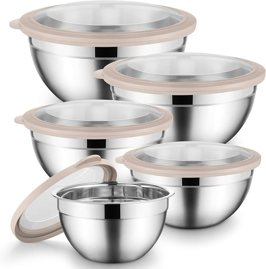 Mixing Bowl Set of 5 for Kitchen Stainless Steel Metal Nesting Mixing Bowls with Khaki Lids – S... | Amazon (US)