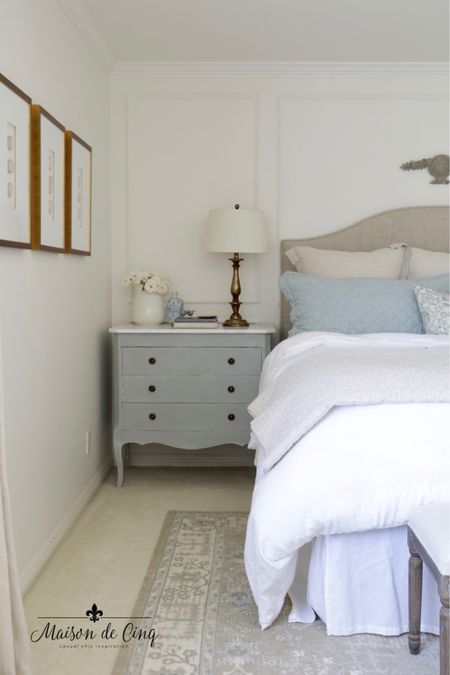 Soft blues and white in the primary bedroom!

#bedroomdecor #headboard #homedecor #frenchcountry 

#LTKhome #LTKfindsunder100