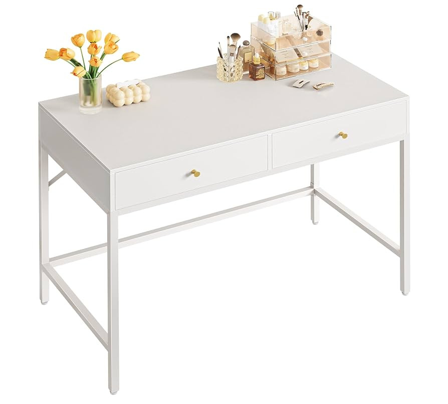 SUPERJARE 39.4" White Desk with 2 Drawers, Modern Makeup Vanity Desk, Small Computer Desk Home Of... | Amazon (US)