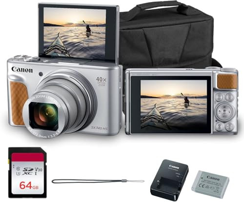 Canon PowerShot SX740 HS Digital Camera (Silver) – 20.3MP, 40x Optical Zoom, 4K UHD Video, Wi-Fi & Bluetooth, Compact Travel Point & Shoot (2956C001) + Shoulder Bag + 64GB Memory Card | Amazon (US)