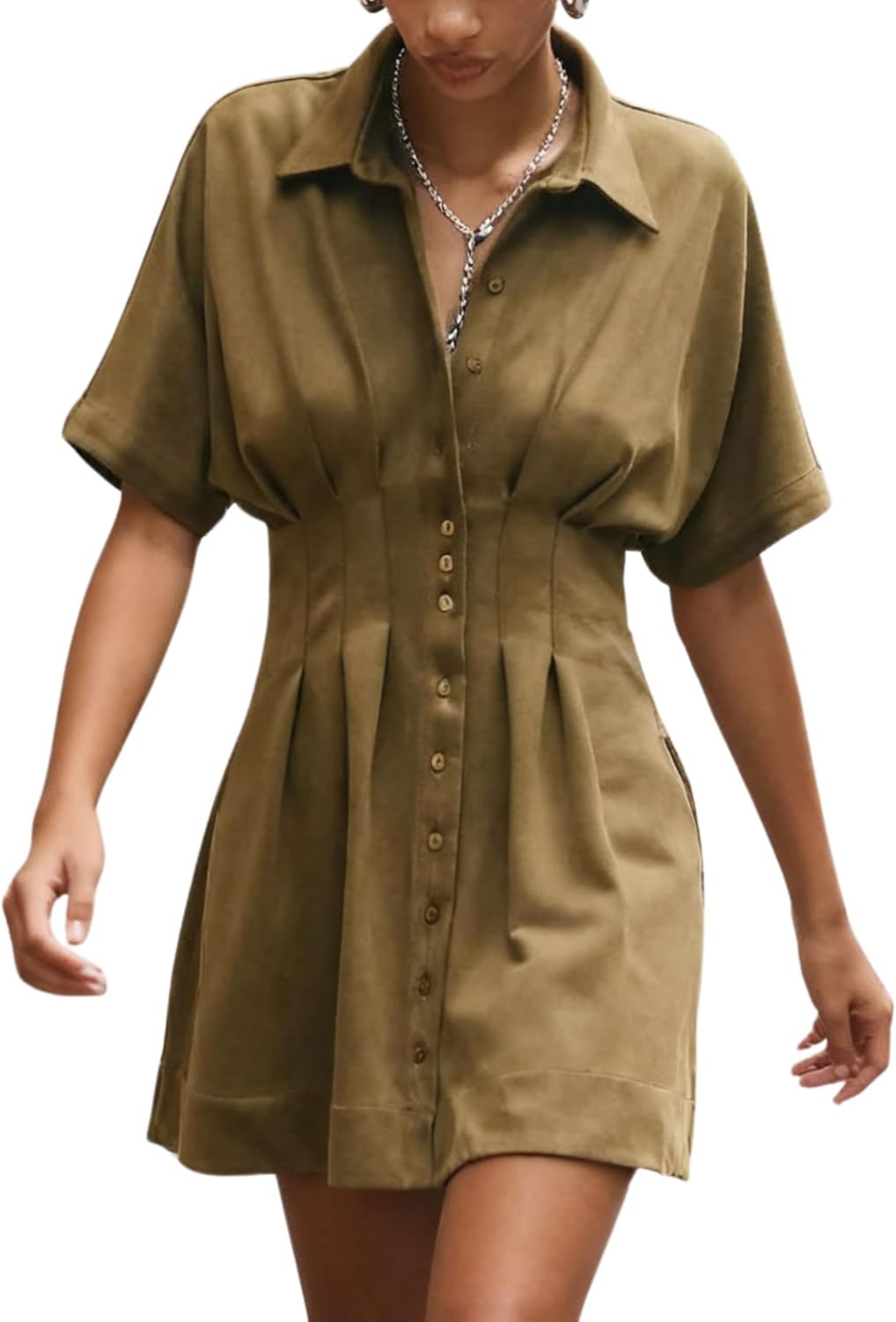 Womens Casual Faux Suede Short Sleeve Shirt Dress Pleated Button Down Tapered Waist Mini Dress with Pockets | Amazon (US)