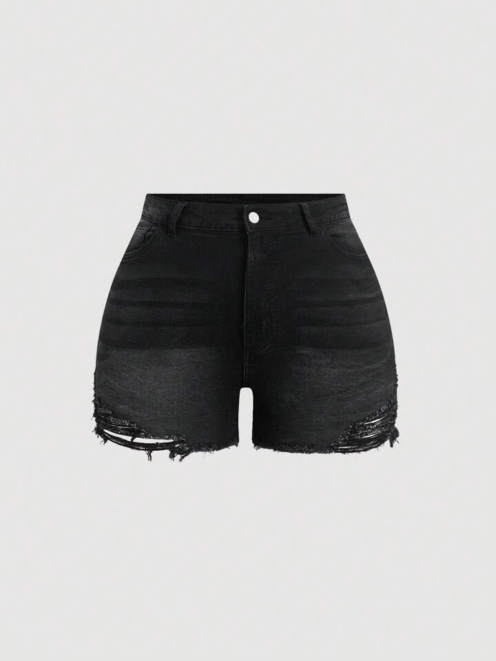 SHEIN ICON Plus Size Women's Distressed Denim Shorts, Stretchy Fitted Casual Blue Jeans | SHEIN