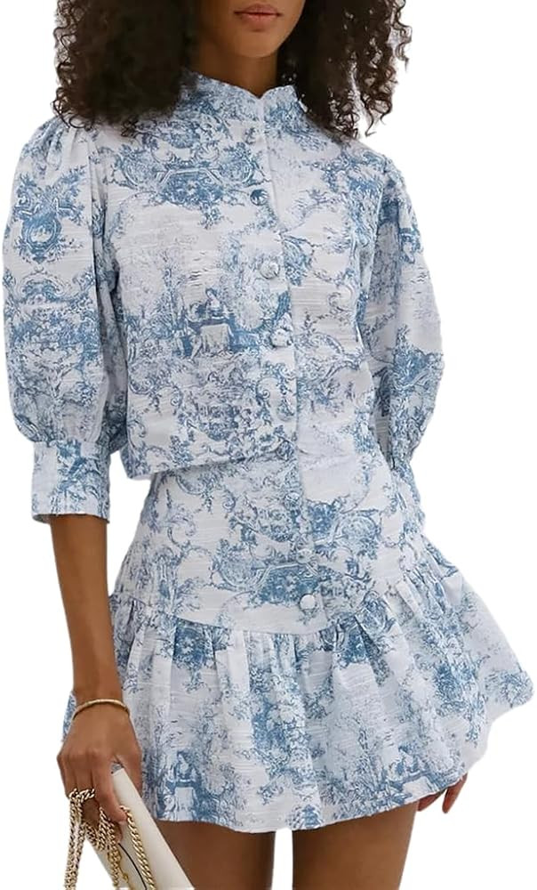 THLAI Women 2 Piece Outfits Skirt Sets Floral Print Button Down Bishop Sleeve Shirt Top and Aline... | Amazon (US)