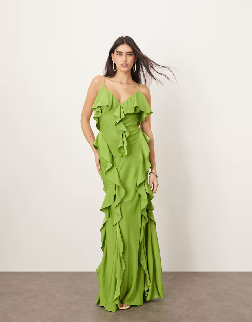ARRANGE ruffle maxi slip dress with bias skirt in green | ASOS (Global)