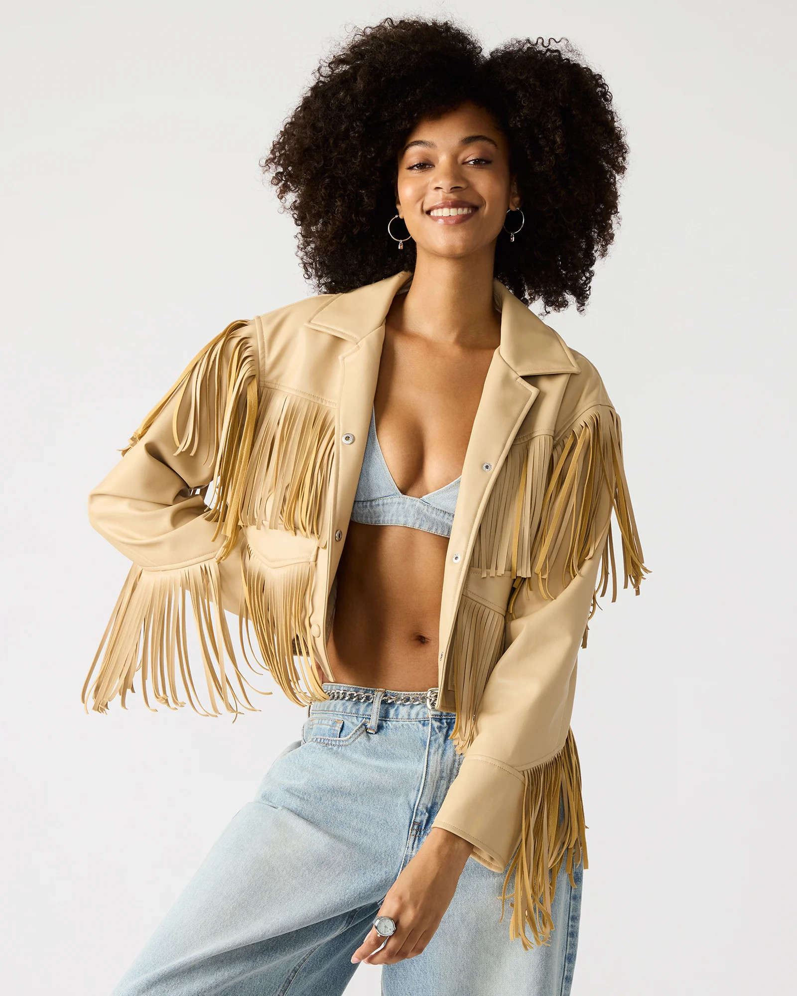 HALIA Jacket Tan | Women's Long-Sleeved Fringe Collared Jacket | Steve Madden (US)