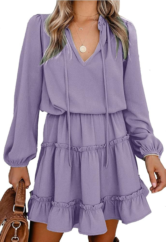 Rela Bota Women's Flowy Mini Swing Dress - Casual Loose Long Sleeve V Neck Ruffle Tiered Chiffon ... | Amazon (US)