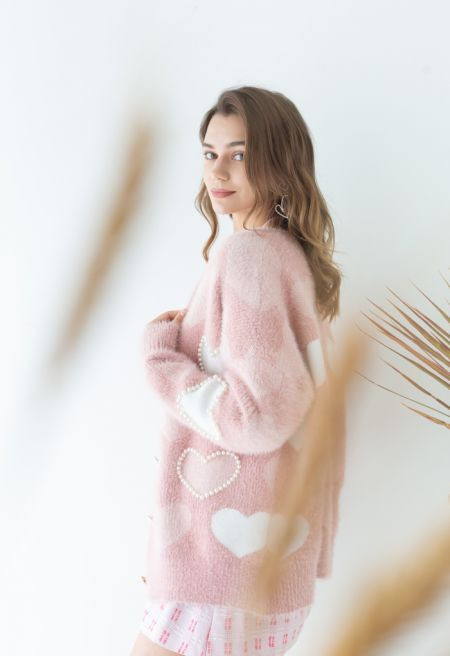 Pearly Contrast Heart Soft Fuzzy Knit Cardigan in Pink | Chicwish