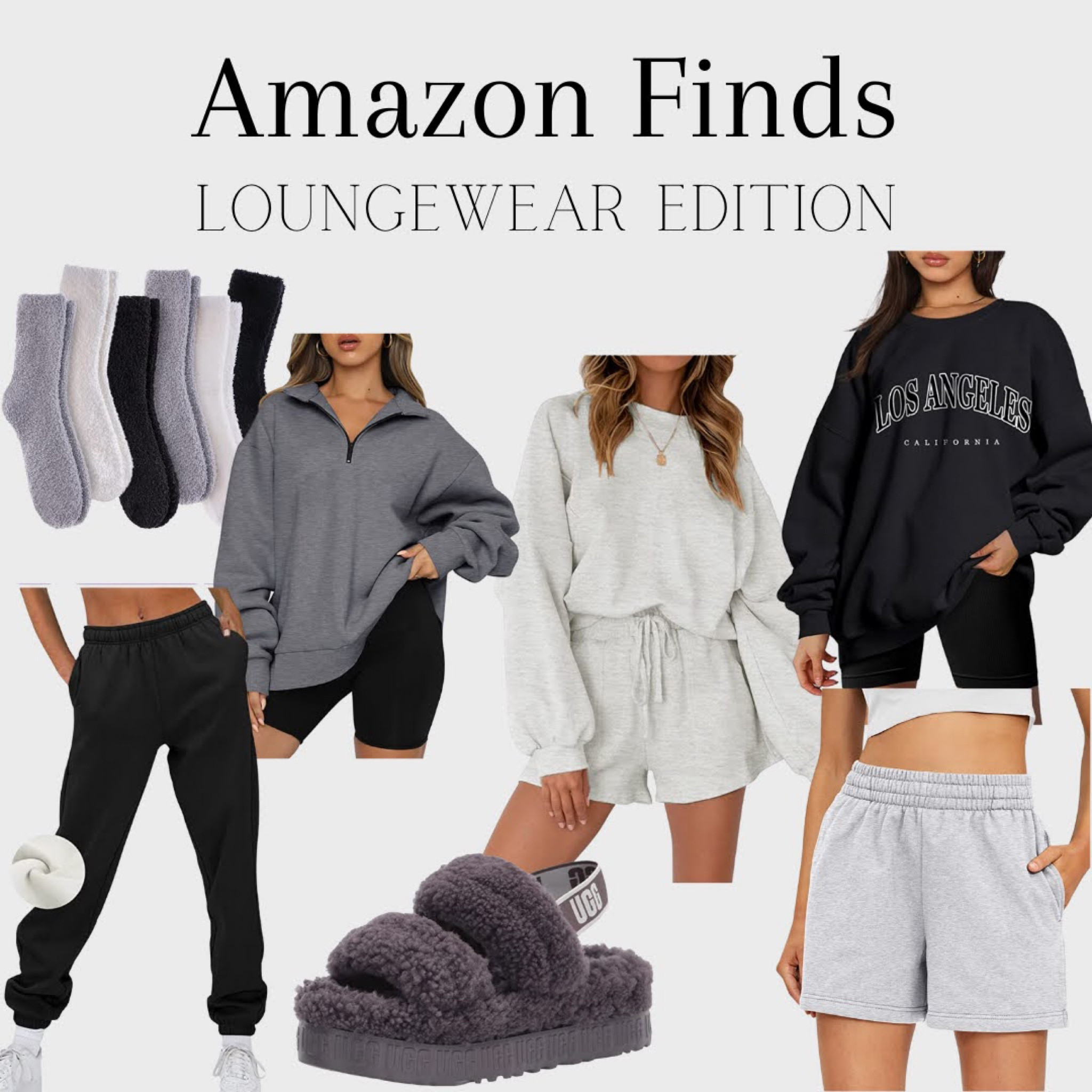 Amazon fines
Loungewear 
Fuzzy socks 
Half zip sweatshirt 
UGG slippers 
Sweatpants 
Sweat shorts 
Lounge set

#LTKfit #LTKstyletip #LTKU