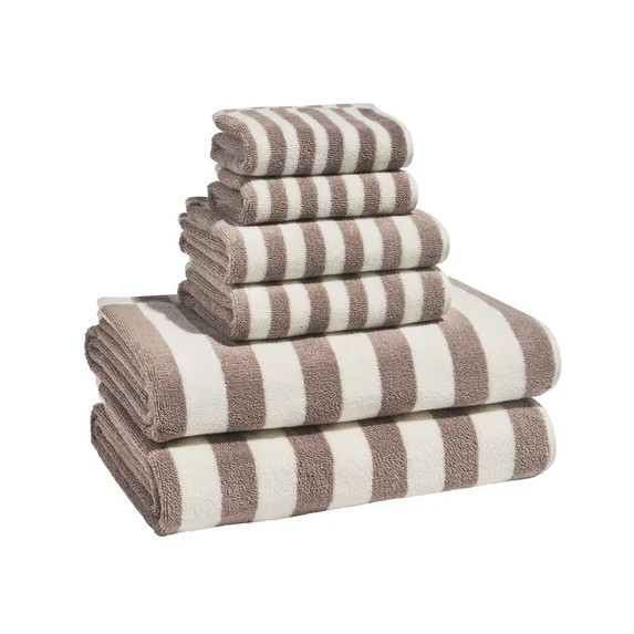 Beautiful by Drew Barrymore 6-Piece Stripe Hem Bath Towel Set, Soft 100% Cotton, Taupe | Walmart (US)
