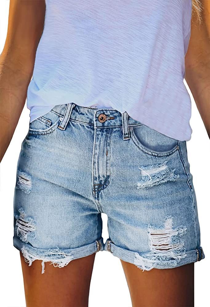 Women's High Waisted Denim Shorts Ripped Hem Frayed Distressed Short Jeans | Amazon (US)