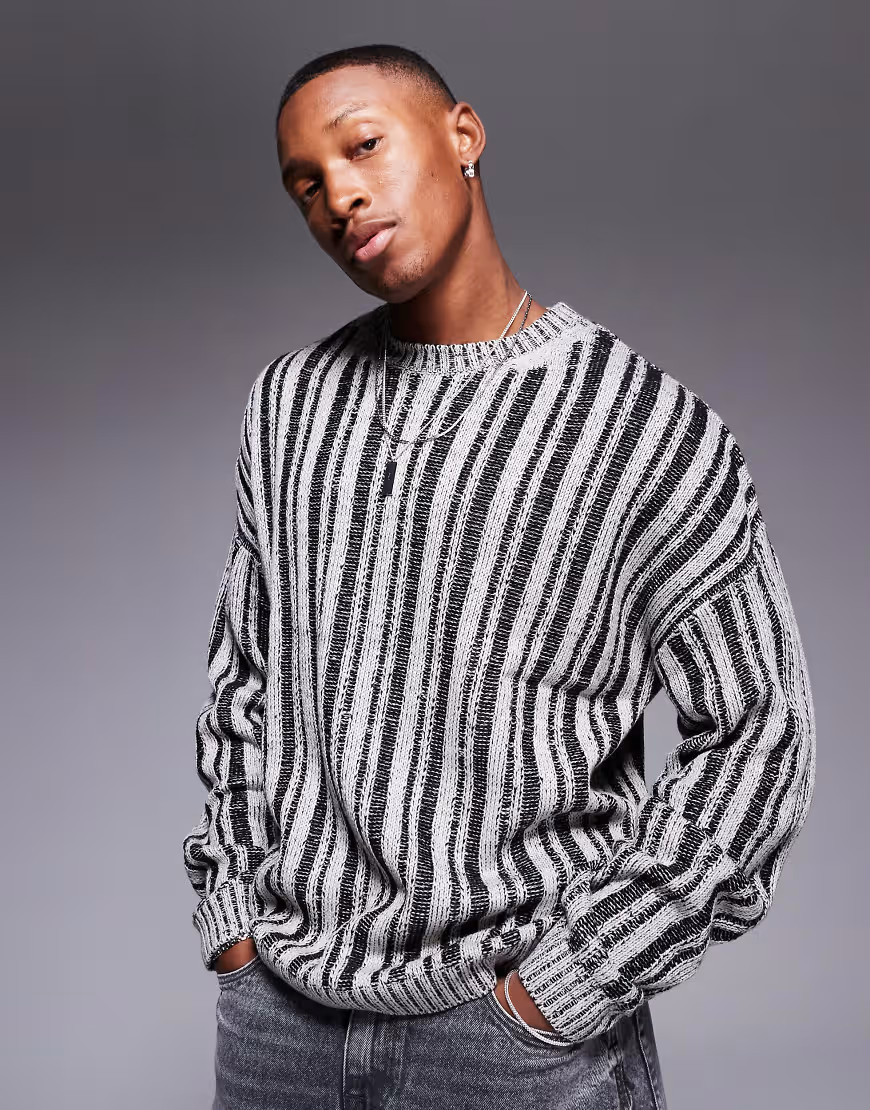 ASOS DESIGN relaxed knitted jumper with ribbed stripe in grey | ASOS (Global)