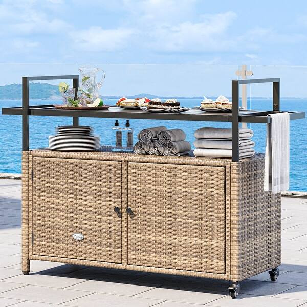 Wicker Outdoor Kitchen Serving Station with Storage Cabinet and Wheels - 51.2L x 19.7"W x 35.4"H ... | Bed Bath & Beyond