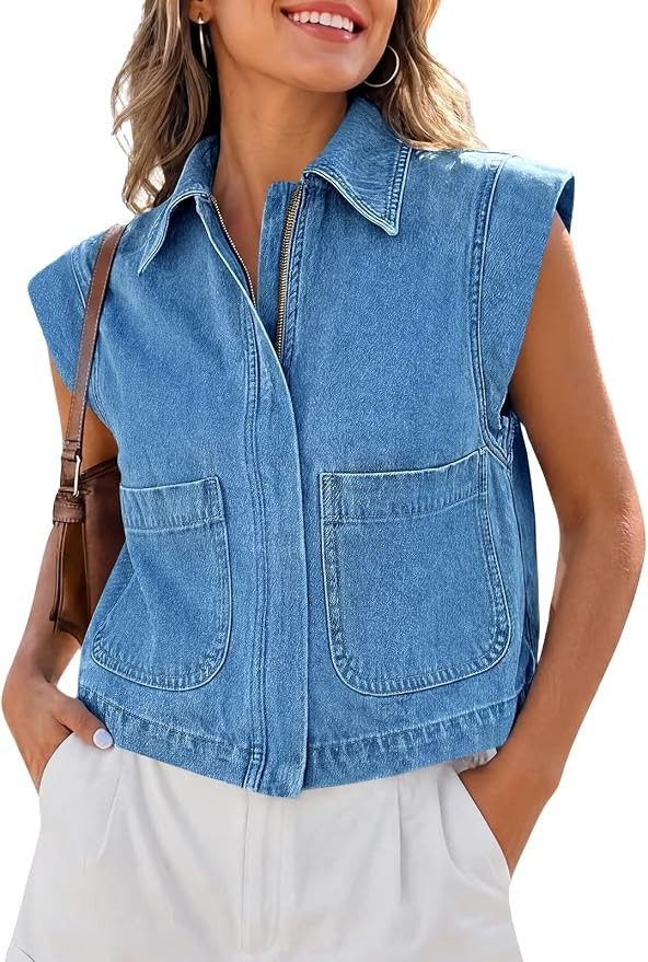 Tankaneo Womens Zip Up Denim Vest Top Summer Cap Sleeve Cropped Jean Vests | Trendy, Casual, Slee... | Amazon (US)