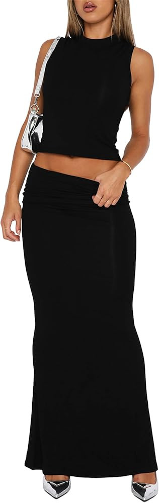 Skirt Sets Women 2 Piece Outfits - Sexy Two Pc Sleeveless Tank Crop Top Fold Over Maxi Long Skirt... | Amazon (US)