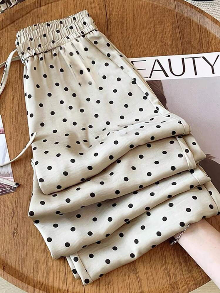 SHEIN Clasi High Waist Polka Dot Satin Drawstring Waist Loose Drape Straight Pants, Suitable For Vacation, Graduation Ceremony, Music Festival, Boho Style Belt, 4th Of July, Casual Commuting | SHEIN