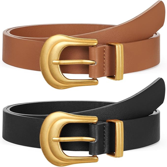 LEACOOLKEY Women Western Belt Fashion Leather Belt with Gold Buckle for Jeans Pants Plus Size | Amazon (US)