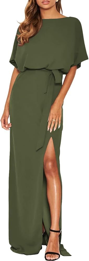 Happy Sailed Womens Formal Dress Batwing Sleeve Waist Belted High Slit Long Maxi Cocktail Party D... | Amazon (US)