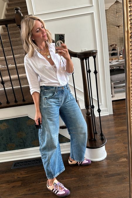Easy every day mom outfit. Barrel jeans. White button down. Adidas sambas. Julie Vos necklace  

#LTKSpringSale #LTKSeasonal #LTKstyletip