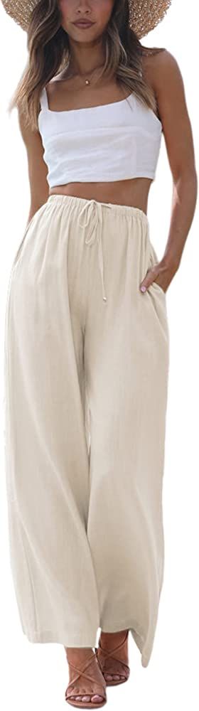 Women's Cotton Linen Summer Palazzo Pants Flowy Wide Leg Beach Trousers with Pockets | Amazon (US)