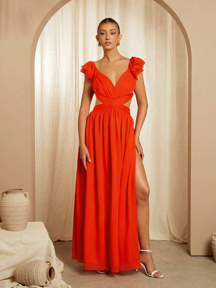 SHEIN Haute Ruffle Split Thigh Backless Sexy Dress For Summer | SHEIN