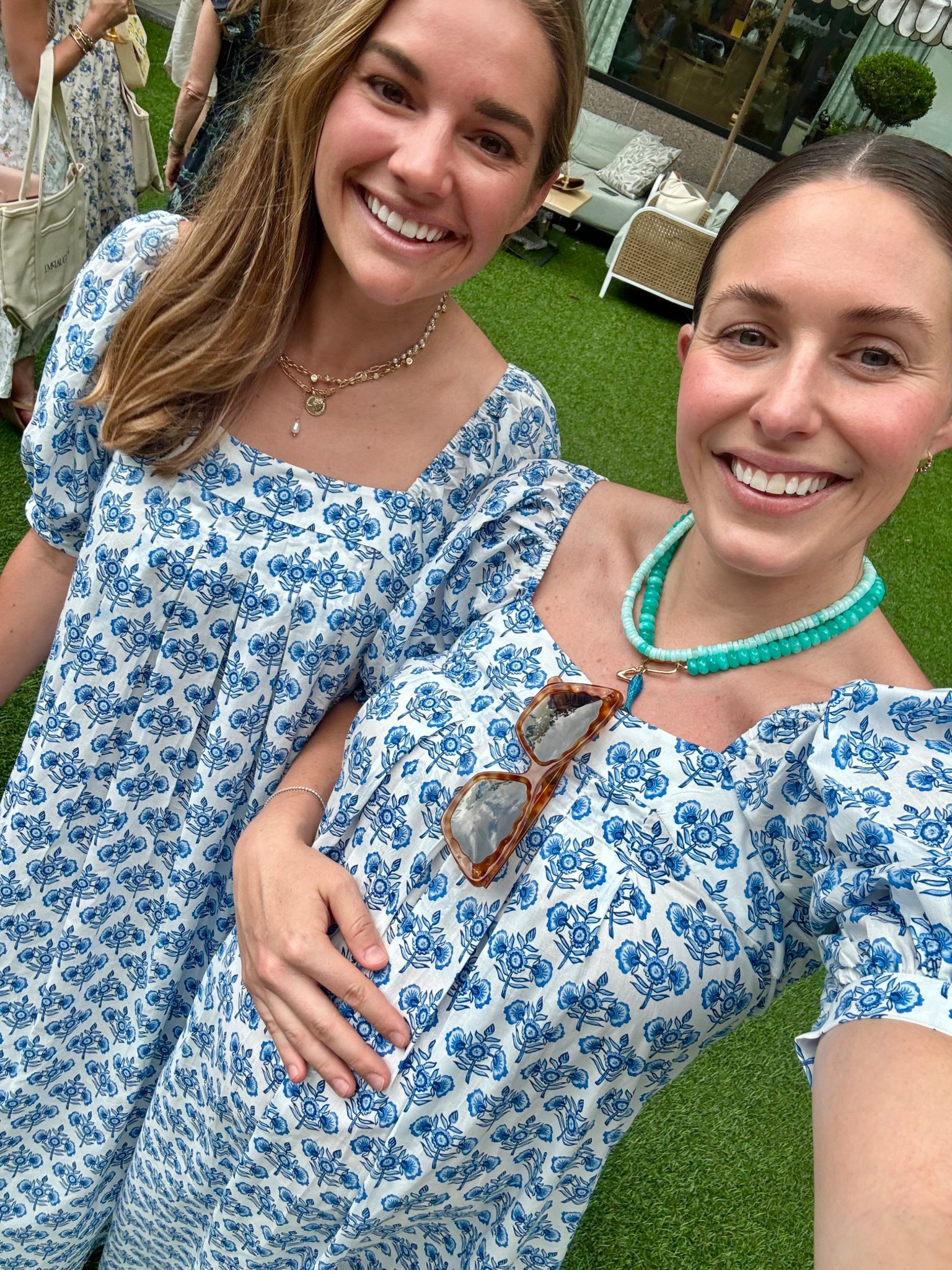 Twinning in the easiest summer dress from J.McLaughlin! Summer dress. Midi dress. Maxi dress. Block print dress. Puff sleeves. Blue and white. Bump friendly. Bump. Beaded necklace. LTKseasonal. LTKsummeredit. LTKbump. 

#LTKSeasonal #LTKBump #LTKSummerEdit