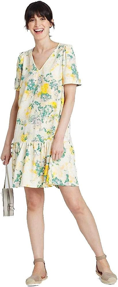 A New Day Women's Floral Print Short Sleeve Ruffle Hem Dress (Cream, L) | Amazon (US)